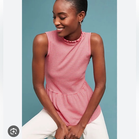 ANTHROPOLOGIE T.La WOMEN'S RED WHITE STRIPED SLEEVELESS PEPLUM TOP Xs - Picture 2 of 8